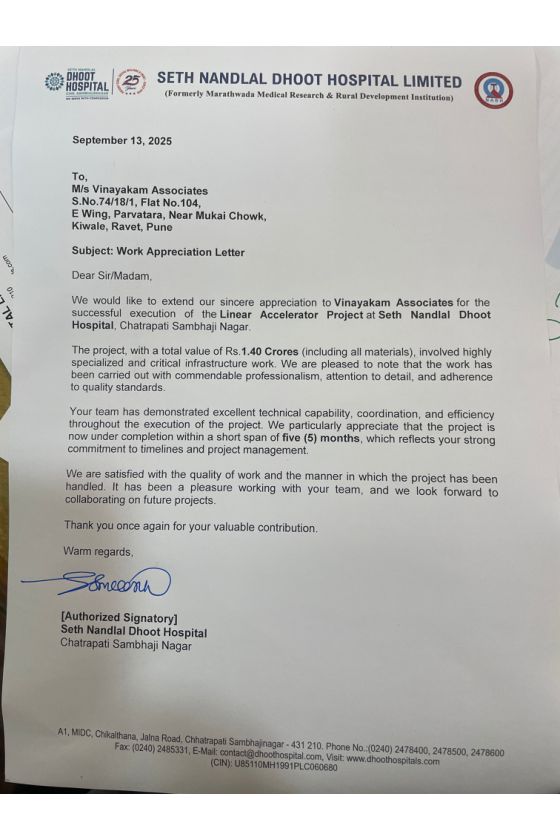 Work appreciation letter from Seth Nandlal Dhoot Hospital Limited to Vinayakam Associates for the linear accelerator project