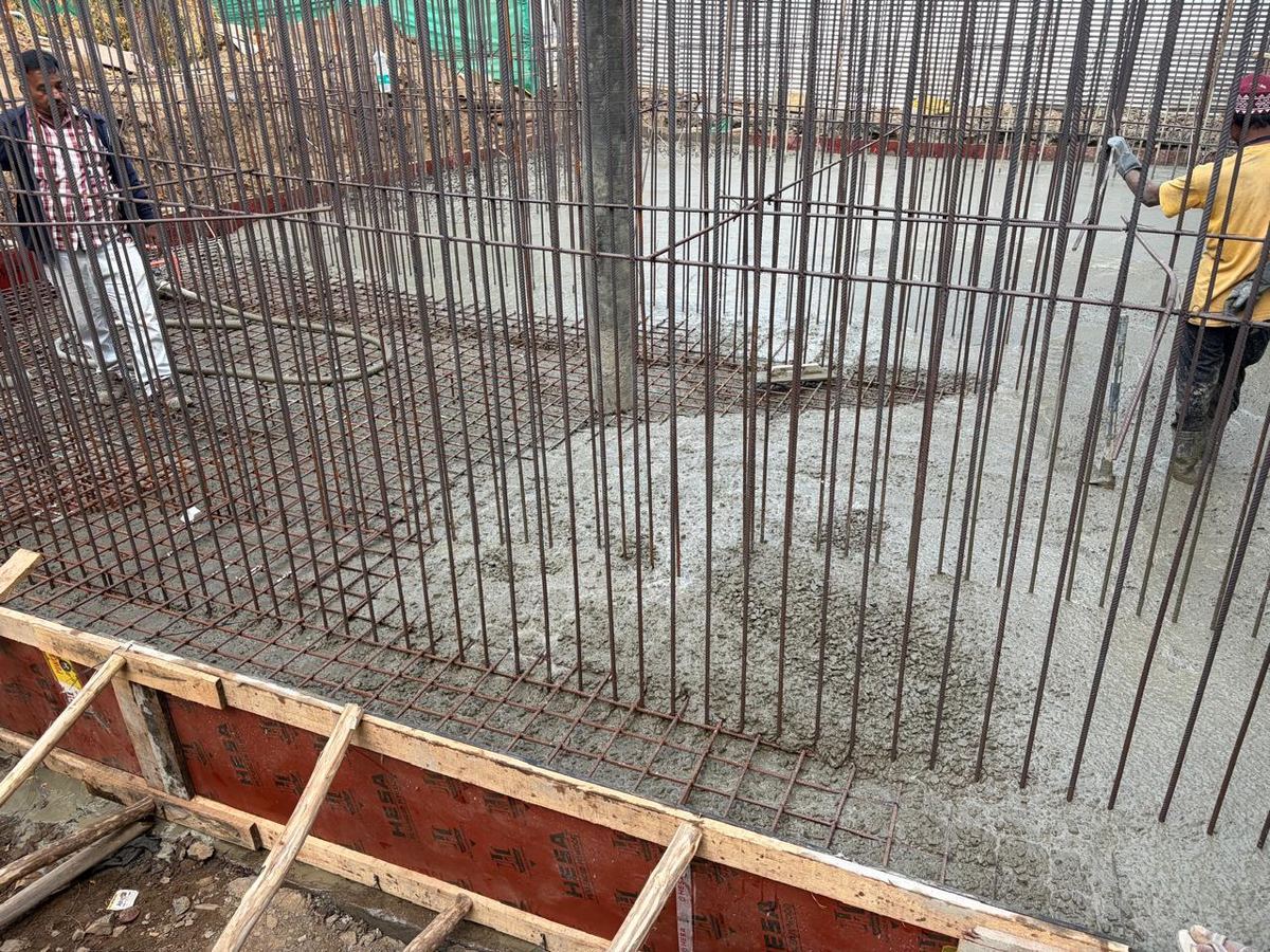 Thick radiation-shielding RCC wall under construction at Seth Nandlal Dhoot Hospital linear accelerator bunker